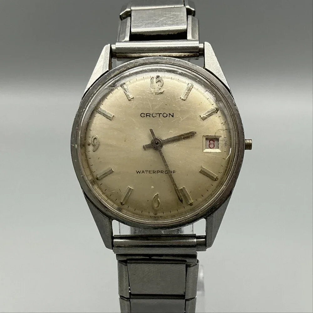 Vintage Croton Mens Watch 32mm Champagne Date Manual Wind NON Working for Parts